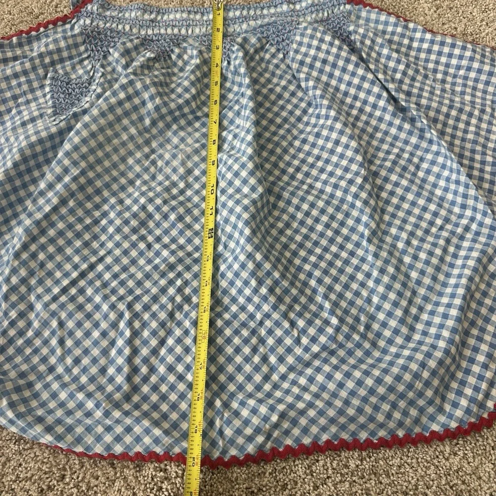 Vintage Blue Gingham Half Apron Handmade Smocked Waist Pocket Tie Back Farmhouse